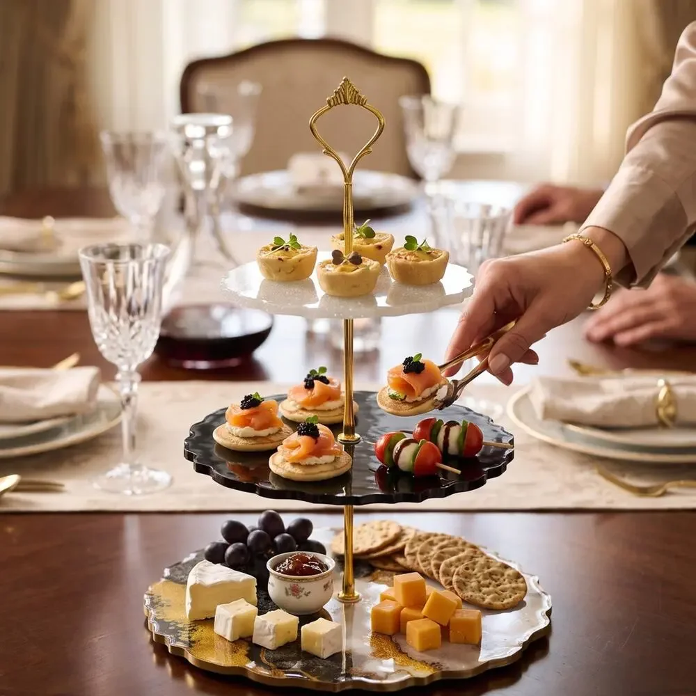Marble Look Handmade 3-Tier Serving Stand | Elegant Resin Dessert Tray | Glamour